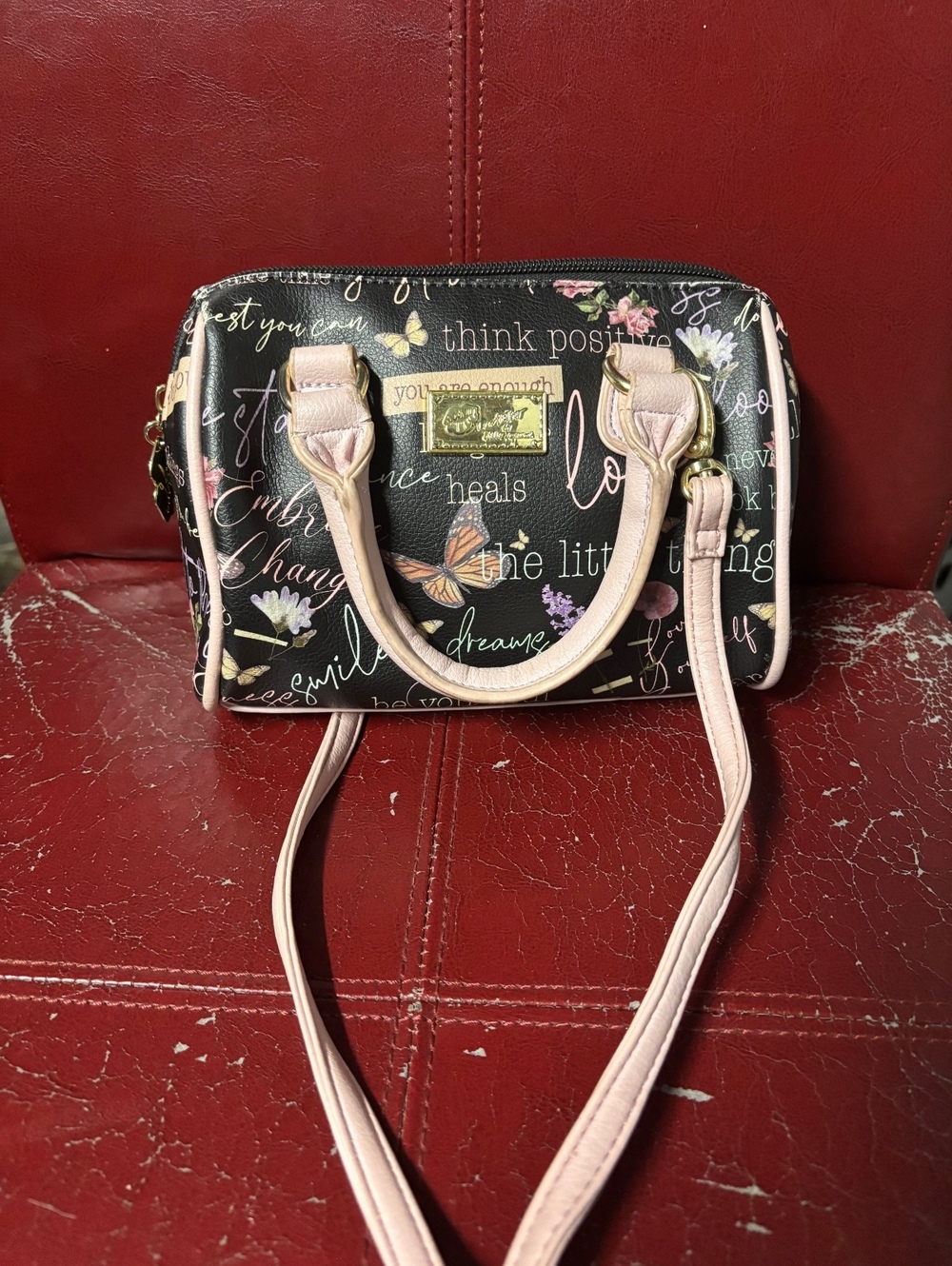 Luv My Style Women's Messenger Bag with Inspirational Print and Pink Handles